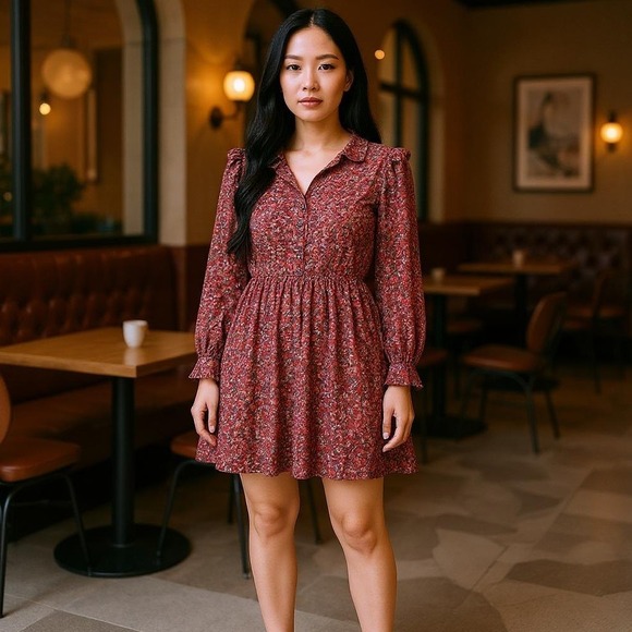 Banana Republic Dresses & Skirts - Banana Republic Dress M Red Black Print Long‎ Sleeve Ruffle Trim Lined Travel